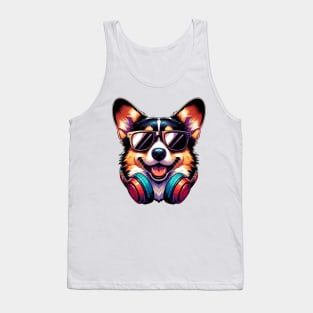 Pembroke Welsh Corgi as Smiling DJ with Headphones and Sunglasses Tank Top